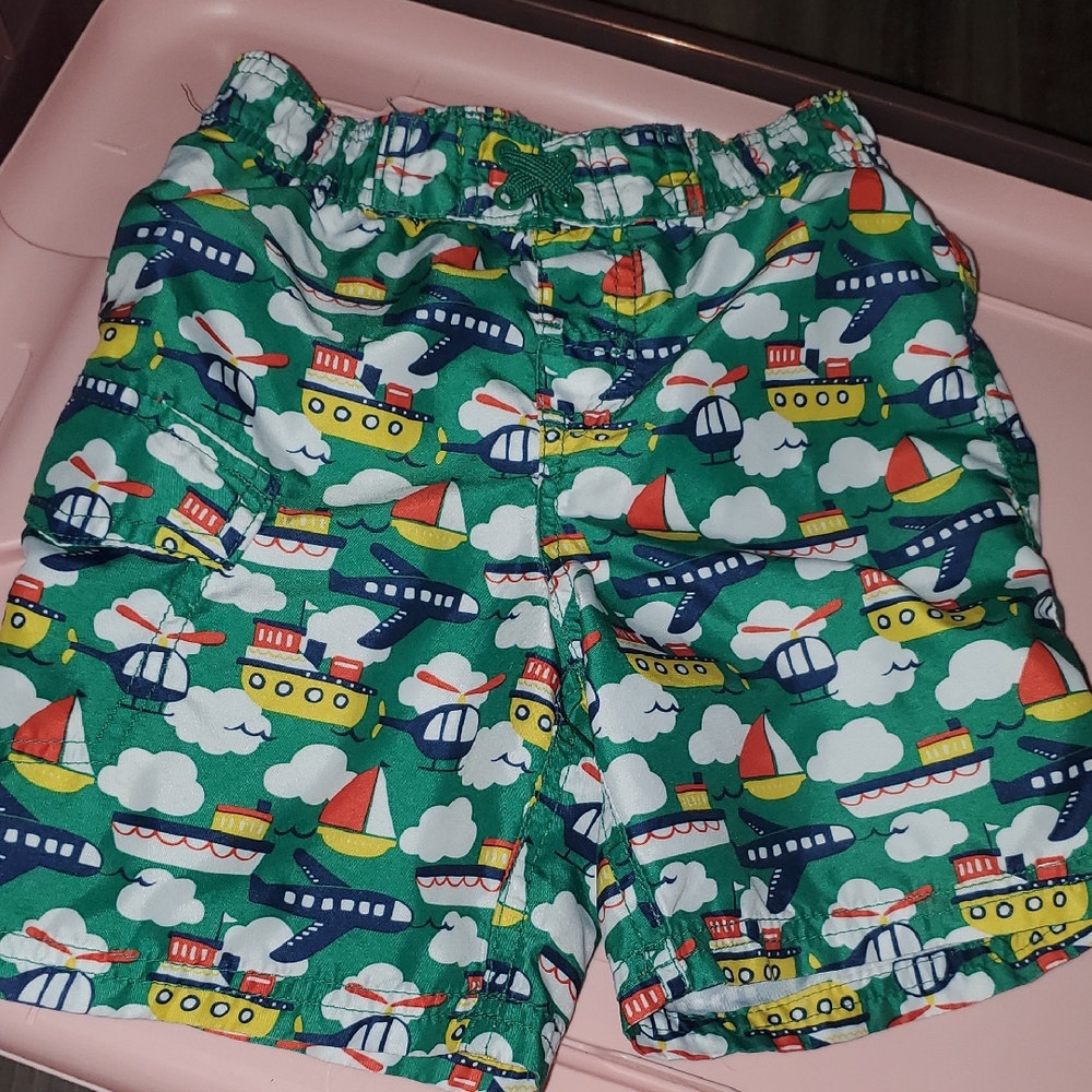 🥳7/ $10!!! Joe Boxer Kids Swim Trunks - Green with Multicolor Boats